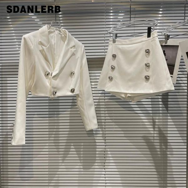 

women's tracksuits 2021 early autumn elegant short two piece set socialite rhinestone buckle long sleeve suit coat + shorts pants for w, Gray