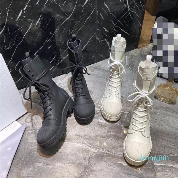 

designer- fashion luxury half boots autumn winter genuine leather low-heeled lace-up chunky heels women boot sliver, Black