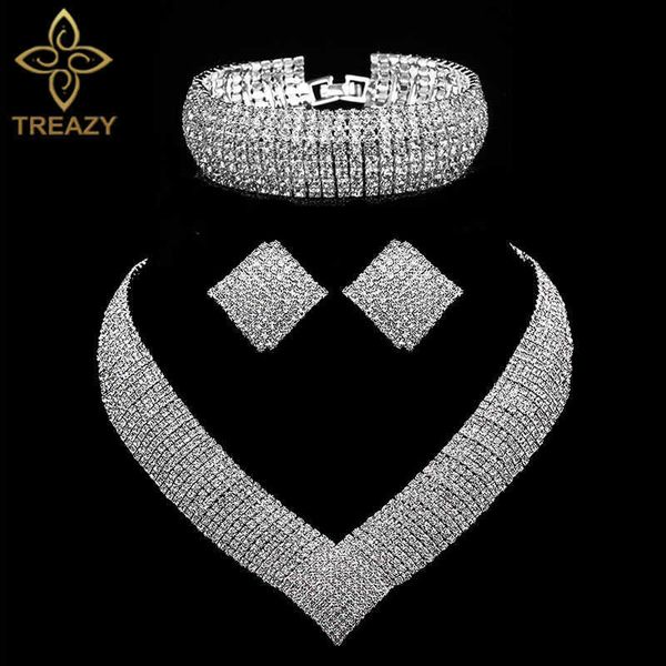 

treazy geometric shape bridal wedding jewelry sets clear rhinestone crystal necklace earrings african jewelry sets for women h1022, Silver