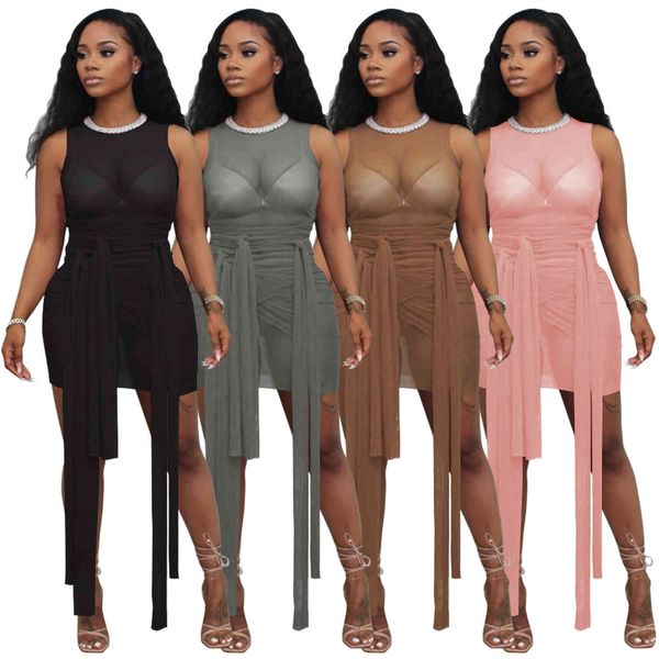 

2021 arrivals women bandage summer long ribbons see through crew neck sleeveless bodycon es nightclub, White;black
