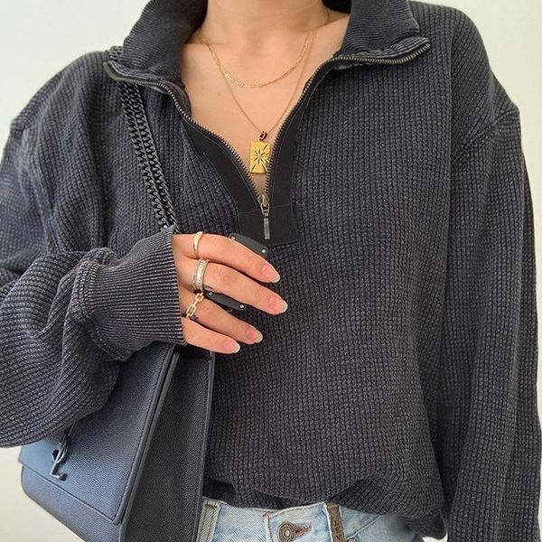 

women's hoodies & sweatshirts vintage zip collar pullover oversized sweatshirt women loose long sleeve casual high street elegant lady, Black