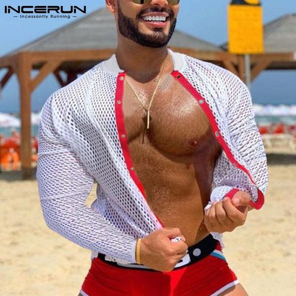 

men's casual shirts 2021 leisure long sleeve stitching mesh yarnlong-sleeved shirt all-match blouse stylish s-5xl incerun, White;black