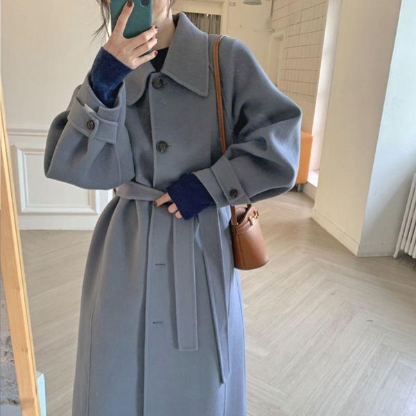 

women's wool & blends winter women vintage turn-down collar long blend coat elegant single-breasted full sleeve warm lace-up female woo, Black