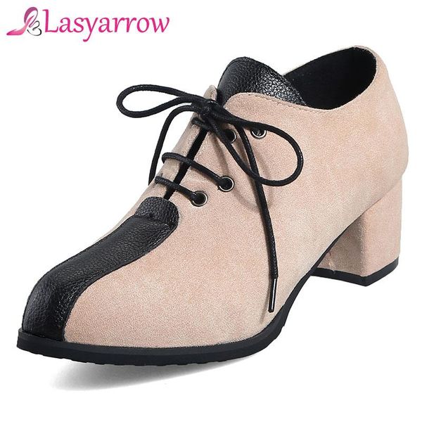 

lasyarrow vogue retro women's pumps thick heels round toe casual ladies large size footwear lace up shallow mouth female dress shoes, Black