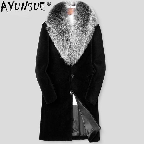 

men's leather & faux ayunsue 100% sheep shearing jacket men winter real fur collar coat male long warm korean wool jackets manteau homm, Black