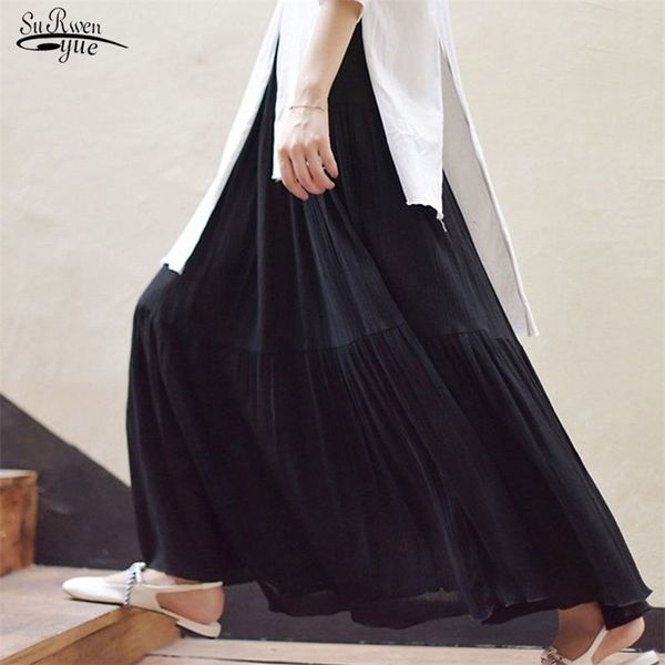 

elegant summer skirts women linen long cotton beach elastic waist vintage nice pleated maxi faldas 9958 210421, Black