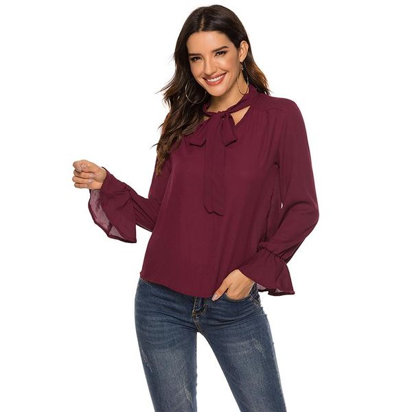

contrast chiffon long sleeve blouse solid color v neck bow tie fashion lantern workwear loose women's blouses & shirts, White