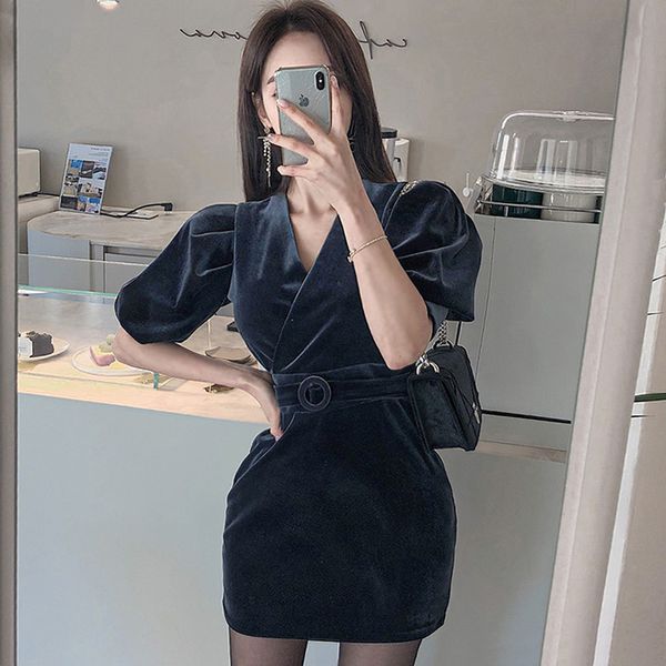 

spring women cloth velvet puff short sleeve v-neck mini bodycon high waist casual navy female dress, Black;gray