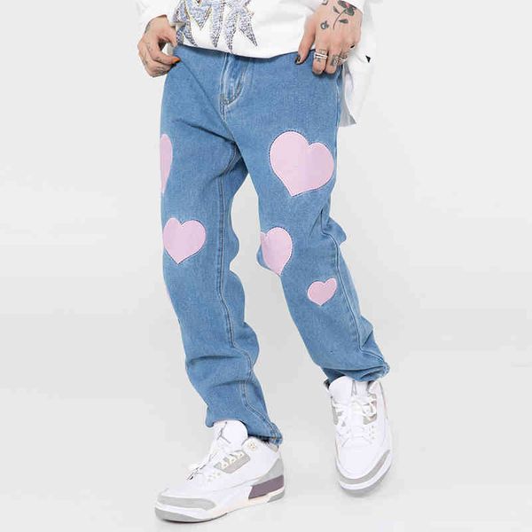 

men's pants torn retro jeans with heart-shaped embroidered, retro, male and female, straight-sized, large, brem pants, loose, of elderl, Black