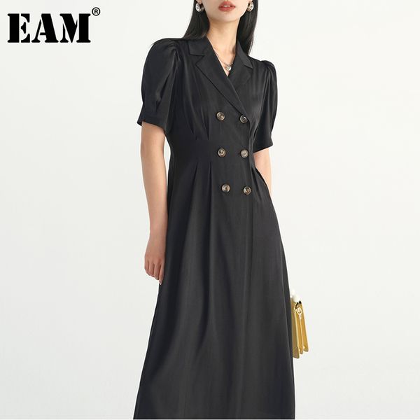 

[eam] women black long vintage double breasted dress lapel short sleeve loose fit fashion spring summer 1dd6000 210512, Black;gray