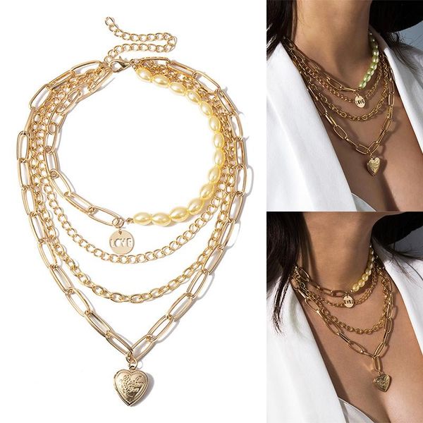 

pendant necklaces sweet pearl heart women love couple jewelry layered baroque punk gothic gold color necklace bohemian chunky chain, Silver