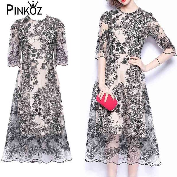 

vintage midi elegant office lady women party fashion arrival a-line mesh embroidery dresses chic loose large vestidos 210421, Black;gray
