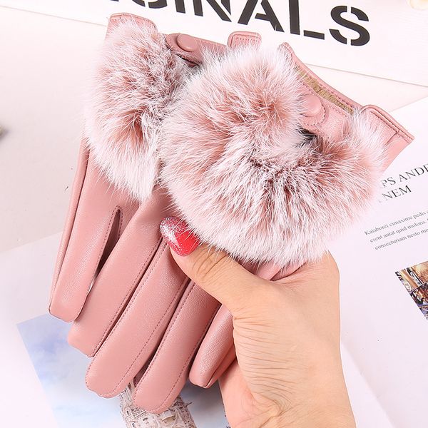 

gloves winter wool mouth pu warm women' cold proof rabbit hair korean version plush thickened touch screen, Blue;gray