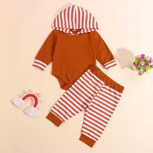 

clothing sets 2pcs autumn baby girls boys outfit, infant simple style double color stripes long sleeve hooded romper + pants set 0-18m, White