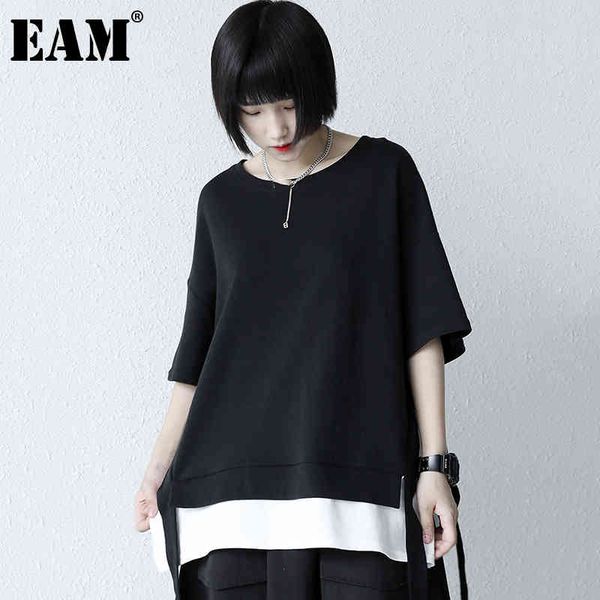 

[eam] women black big size spliced slit casual t-shirt round neck short sleeve fashion spring summer 1dd7169 21512, White