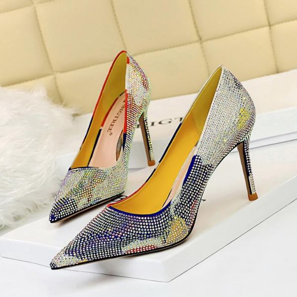 

dress shoes 2021 spring luxury women glitter rhinestone thin high heels pumps spell color crystal cinderella wedding plus size, Black