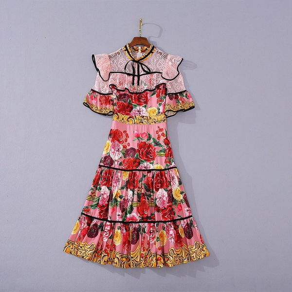 

casual dresses european and american women's wear summer style floral print with short sleeve lace stitching fashion pleated dress 0weg, Black;gray