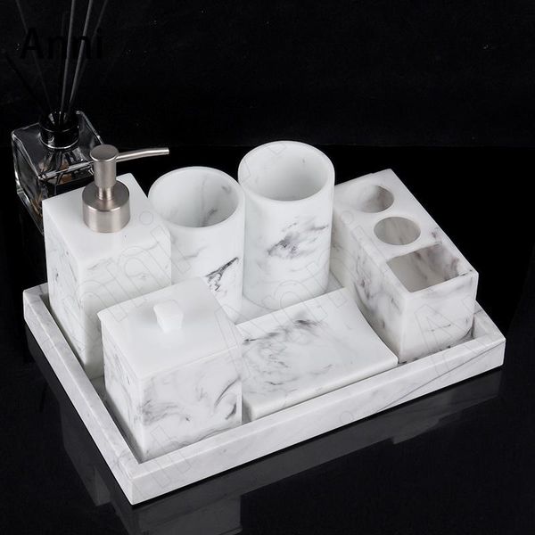

bath accessory set creative marble texture resin bathroom european modern six pieces shower accessories restroom toothbrush holder storage t