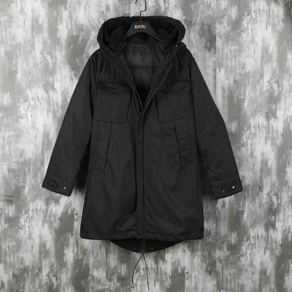 

Stone pirate 21fw Winter medium and long down et Functional style Multi Pocket dign plush hat warm men's coat, Black