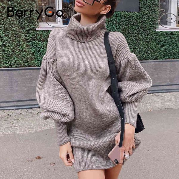 

berrygo elegant high neck knitted dress loose lantern sleeve straight tube dress 8 color office autumn winter 210513, Black;gray