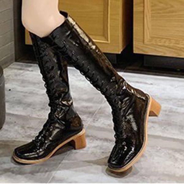 

boots wood high heels women japanned leather shoes motorcycle bottes knee-high mujer zipper&lace up knight boots2021, Black