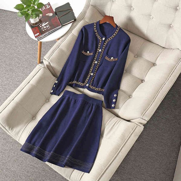 

two piece dress fall long sleeve round neck black / blue single-breasted chains cardigans sweater + knee-length skirt s set nn0520102711 mhq, White