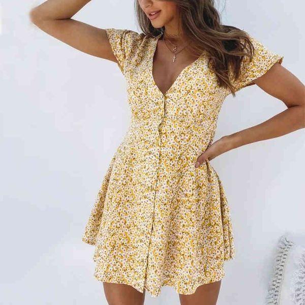 

casual dresses chic floral print women boho beach mini v neck button front skater female vestidos summer hco4, Black;gray