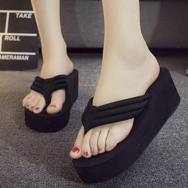 

slippers fashion wedge women sandals casual beach flip flops female summer shoes platform slides high heels large size qq710, Black