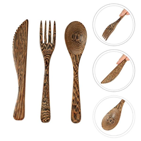 

set 3pcs wooden cutlery kit spoon knives fork healthy tableware bowls