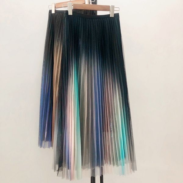 

summer midi long skirt womens gradient metallic color flashing gold silk pleated high waist drape large swing a-line 210420, Black