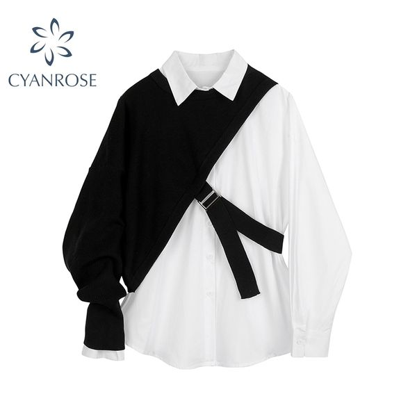 

autumn fashion new arrivals long sleeve turn down collar shirt single sleeve knitted short two piece set women blouse 210417, White