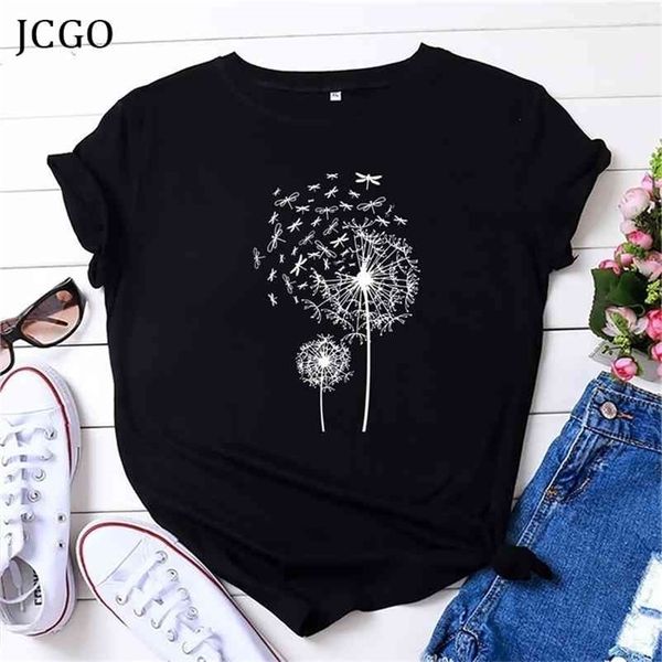 Jcgo verão mulheres camiseta algodão mais tamanho 5xl manga curta libélula dandelion cópia fêmea solta casual grande t-shirt top top 210406