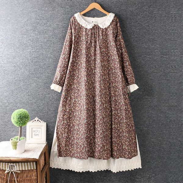 

casual dresses fairynatural women quality retro japanese style lace long sleeve ladies rustic flowers print cotton layers dress, Black;gray
