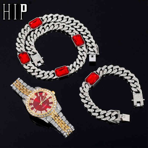 

hip hop 12mm 3pcs kit watch+square necklace+bracelet bling crystal aaa+ iced out cuban rhinestones chains for women jewelry, Silver
