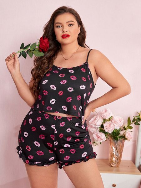 

plus lip print cami & frill trim shorts pajama set o0nl#, Black;white