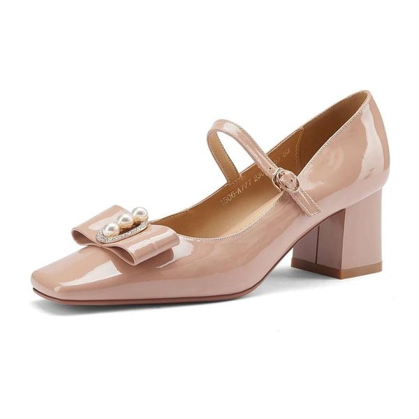

dress shoes 2021 spring arrival patent leather square toe high heels buckle strap mary janes pearl gorgeous omen pumps l35, Black