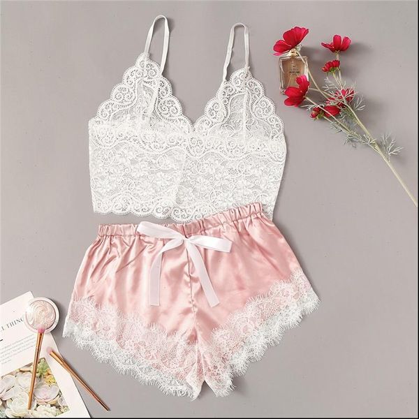 

floral lace bralette with womens sleepwears satin shorts lingerie summer sets ladies bra and panty underwear pajama set pink, Black;red