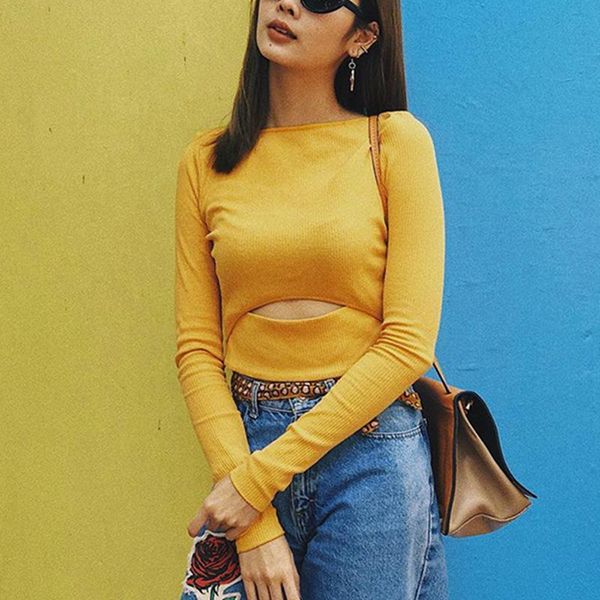 

women yellow ribbed shirts ladies casual crop fashion long sleeve hollow pullovers spring fall female solid women's blouses &, White