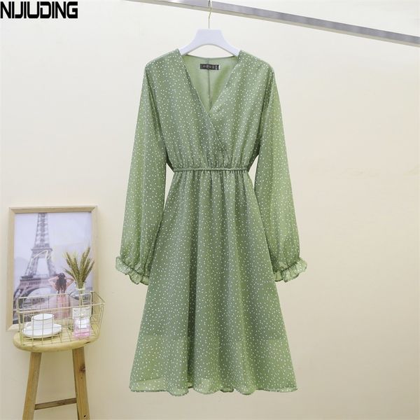 

women's printed dot chiffon dresses autumn long sleeve v-neck elastic waist dress vintage vestidos mujer 210514, Black;gray