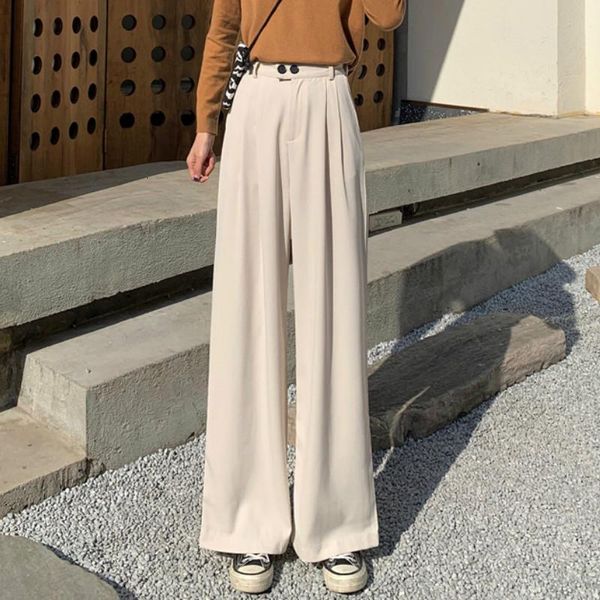 

women's pants & capris solid elastic high waist wide leg autumn winter long trousers female loose double button suits pant mujer k2m6, Black;white