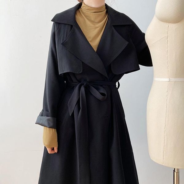 

women's trench coats spring mid-length double breasted windbreaker plus sashes women vintage khaki lapel long sleeve korean loose casua, Tan;black