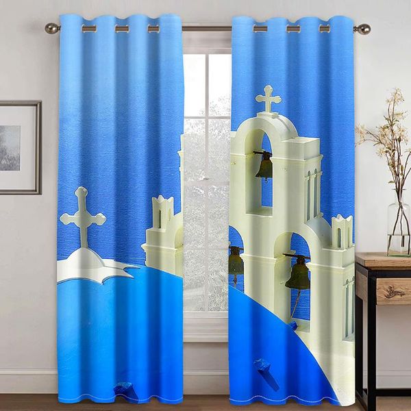 

curtain & drapes d blue art simple landscape pattern blackout set, suitable for home curtains in the living room and bedroom