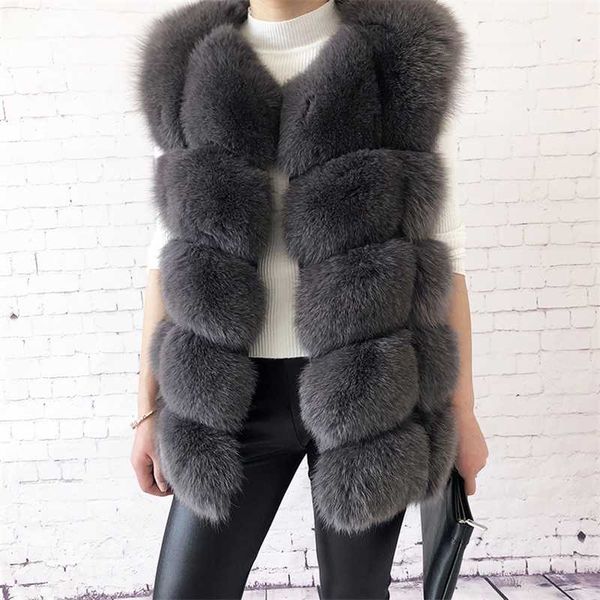 

women's real fox fur vest 100% natural real fur fashion fur coat jacket vest genuine leather coat 210927, Black