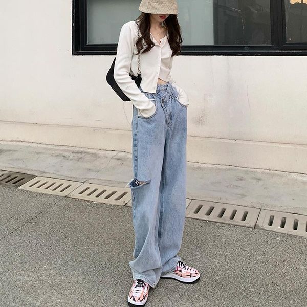 

women's jeans spring autumn hole woman high waist thin straight irregular design casual streetwear all-match fashion mopping pants, Blue