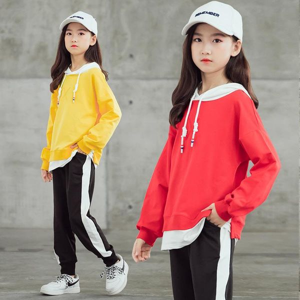

clothing sets hooded pullover + sweatpants 2pcs set kids girl fashion stitching sport suit children casual outfit teen patchwork clothes, White