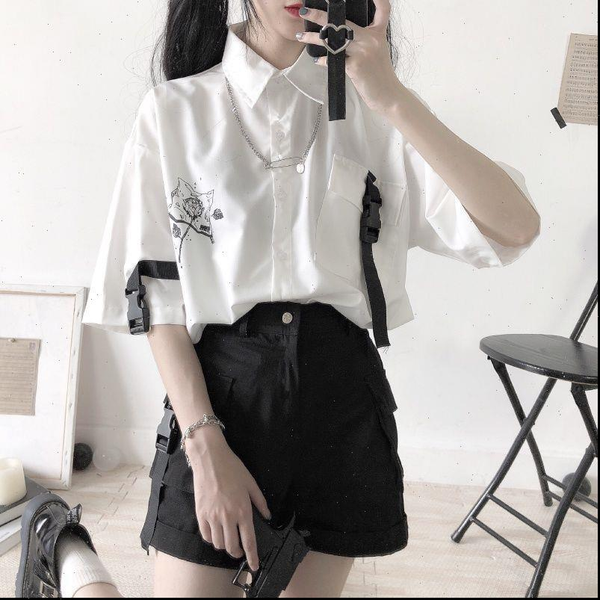 

[two piece suit] loose collar womens pants short sleeve shirt wide leg overalls shorts bf wind summer suit female student, White