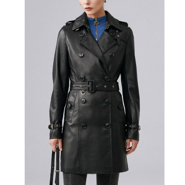 

women's leather & faux spring 2021 classic double breasted genuine jacket women sheepskin coat high-grade slim skin windbreaker, Black