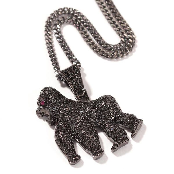 Colares pendentes Hip Hop Cz Pedra pavimentada Bling gorilla Animal Pingents for Men Rapper Jewelry Black Gold Silver Color