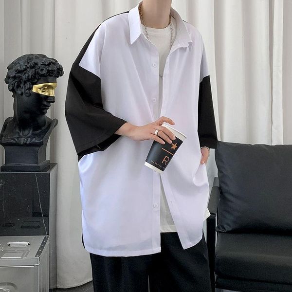 

summer stitching contrast shirt men's korean fashion loose casual harajuku streetwear short-sleeved men shirts, White;black