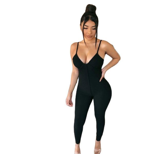 

cotton ribbed stretch tight womens rompers bodycon fitness clothes sleeveless black strap romper lady snug overall, Black;white